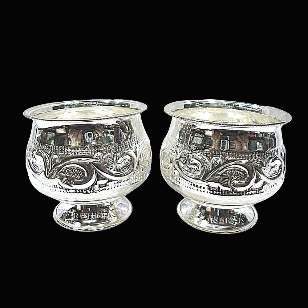 200 grams Pure Silver Ghee Cup With Stand (Set Of 2) - Embossed Indian Design and Mirror Finished