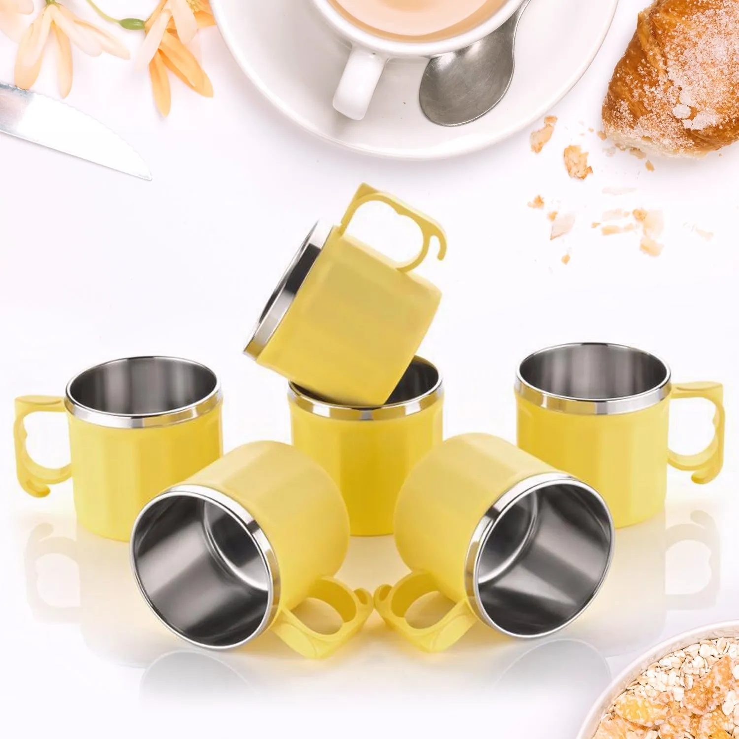 5308  Plastic Steel Cups Premium Cup For Coffee Tea Cocoa, Camping Mugs with Handle, Portable & Easy Clean ( 6 pcs Set )