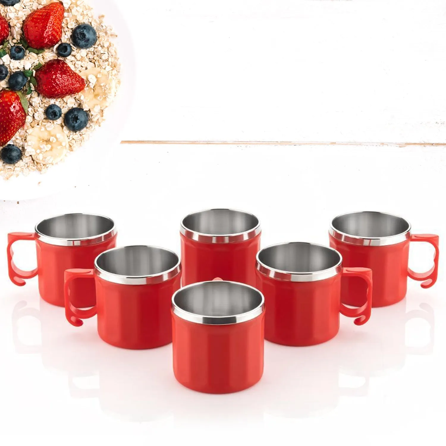 5308  Plastic Steel Cups Premium Cup For Coffee Tea Cocoa, Camping Mugs with Handle, Portable & Easy Clean ( 6 pcs Set )