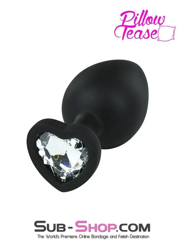 6950M      Dark Heart Large Black Silicone Butt Plug with Heart Shaped Crystal - LAST CHANCE - Final Closeout!