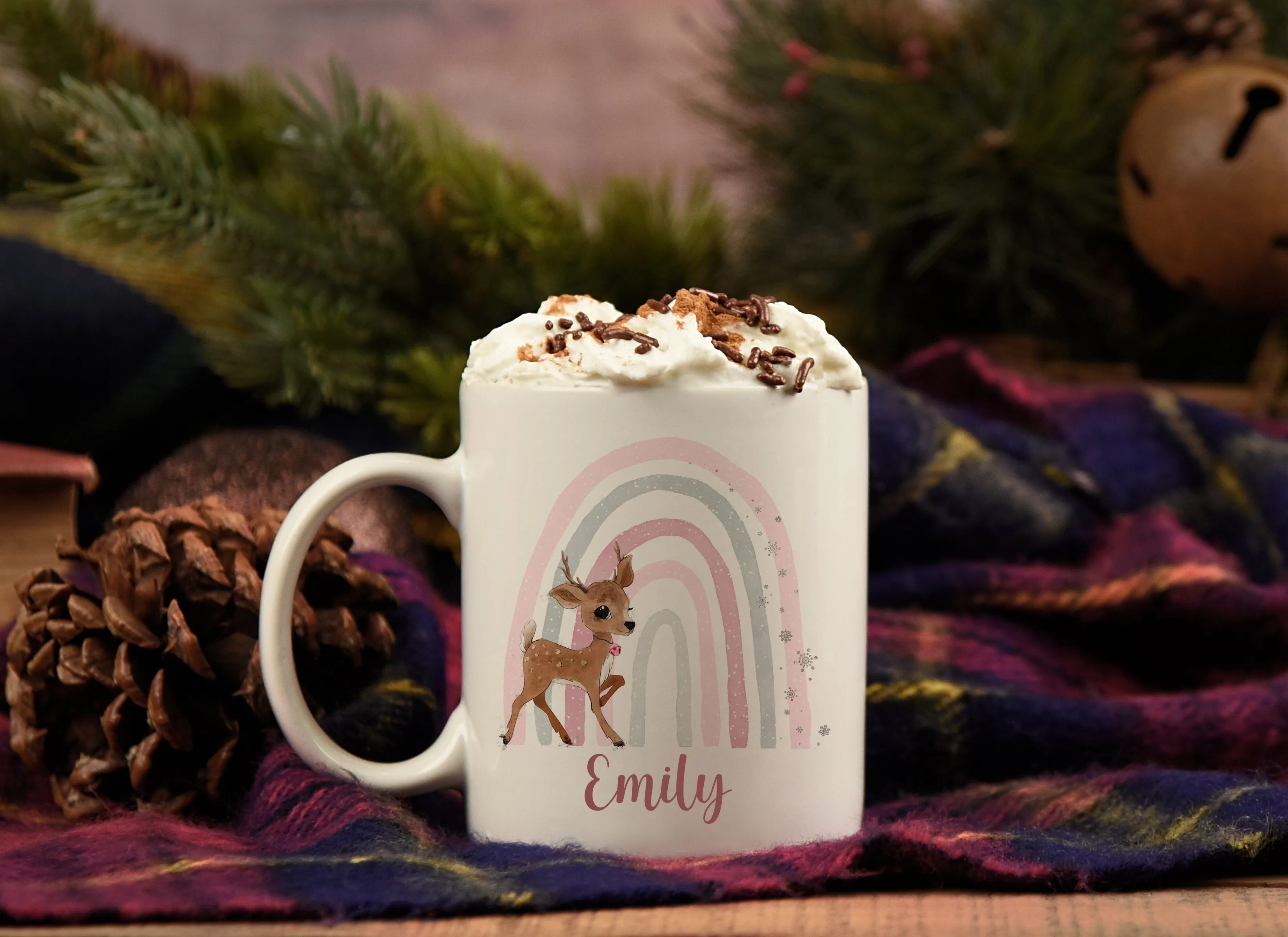 Baby Reindeer Pink Rainbow Christmas Mug