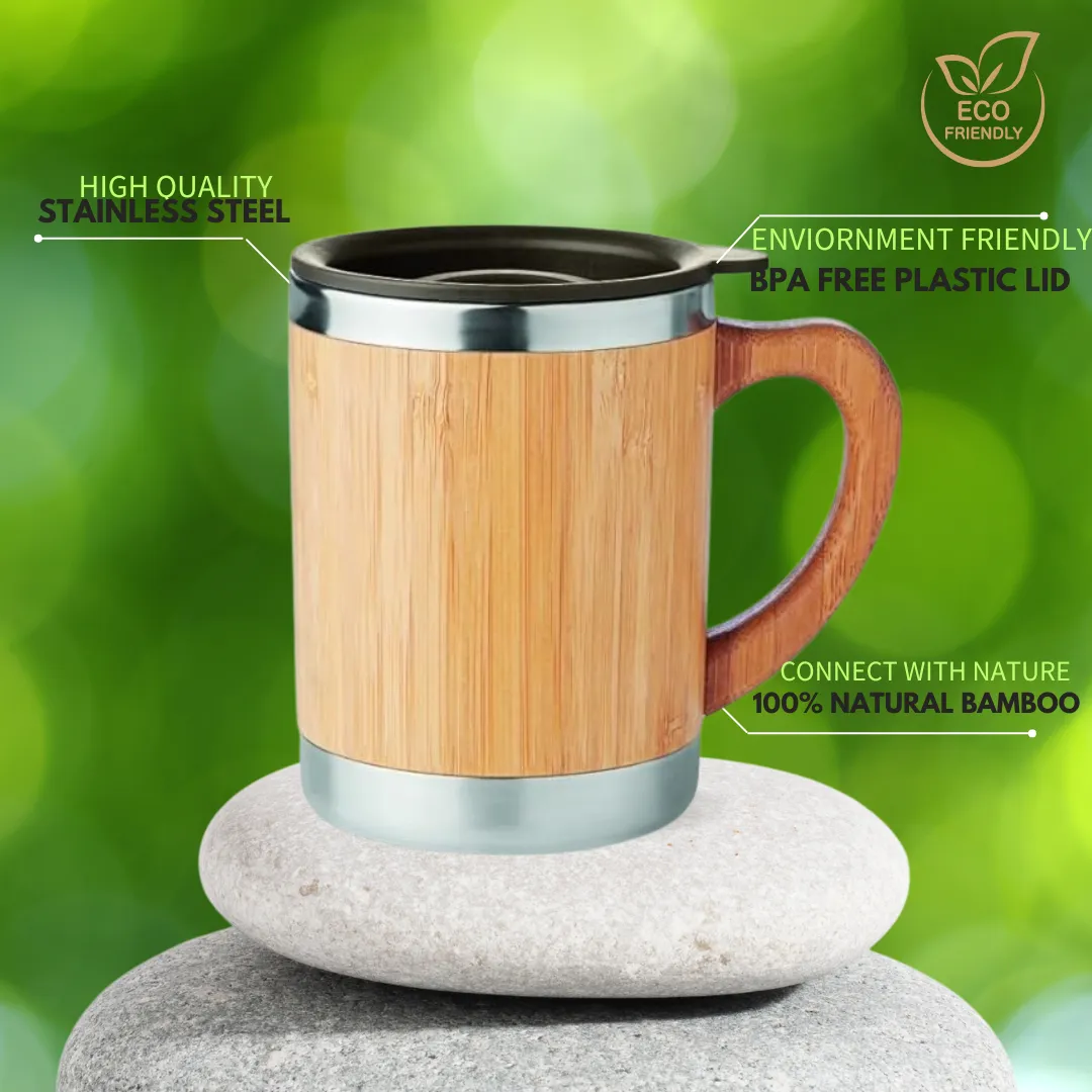 Bamboo Insulated (Hot &amp; Cold) Stainless Steel Coffee Travel Mug with Handle and Lid