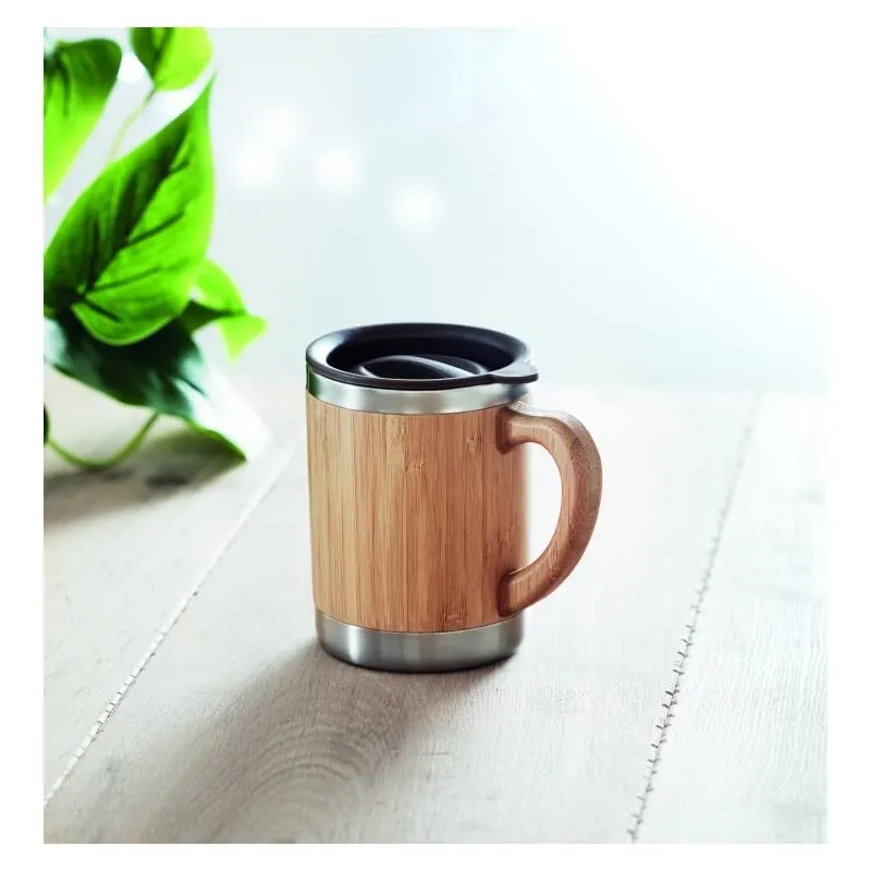 Bamboo Insulated (Hot &amp; Cold) Stainless Steel Coffee Travel Mug with Handle and Lid