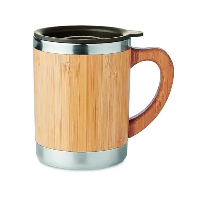 Bamboo Insulated (Hot &amp; Cold) Stainless Steel Coffee Travel Mug with Handle and Lid