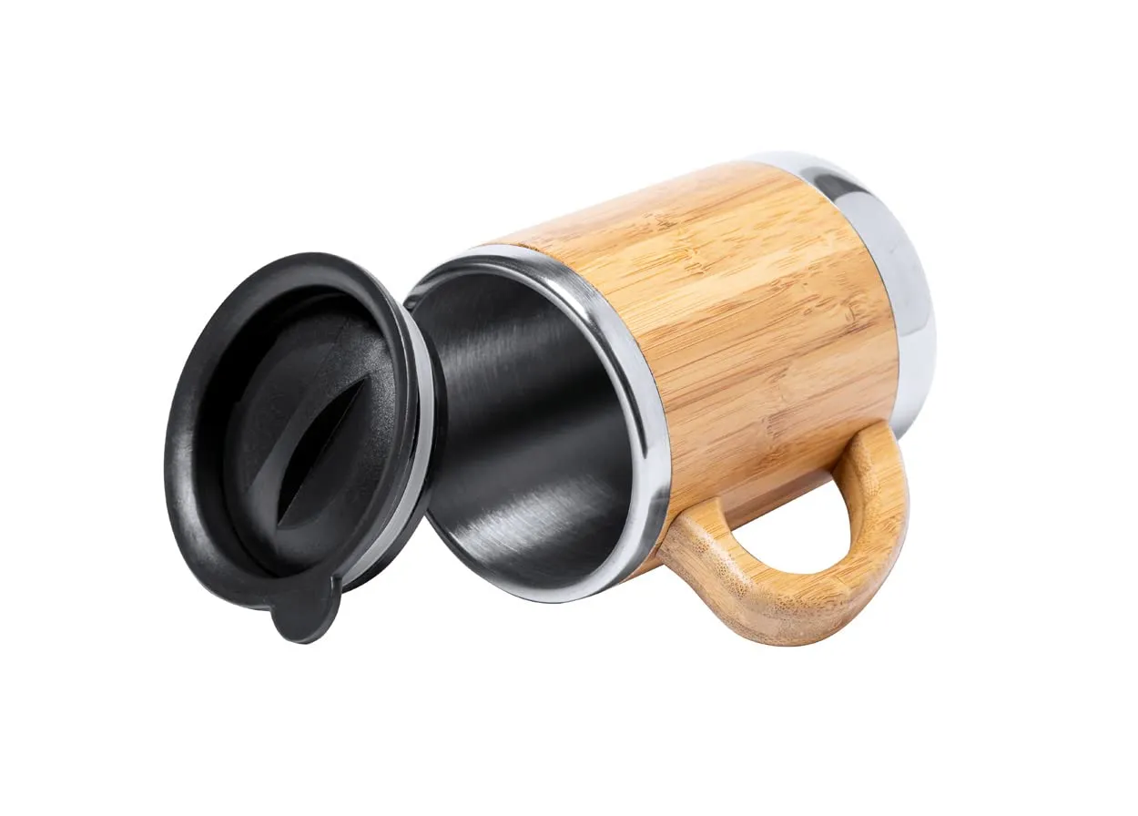 Bamboo Insulated (Hot &amp; Cold) Stainless Steel Coffee Travel Mug with Handle and Lid