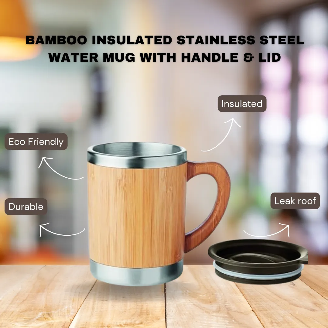 Bamboo Insulated (Hot &amp; Cold) Stainless Steel Coffee Travel Mug with Handle and Lid