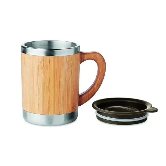 Bamboo Insulated (Hot &amp; Cold) Stainless Steel Coffee Travel Mug with Handle and Lid