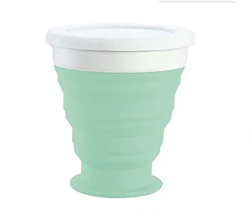 Baskety Silicone Collapsible Travel Cup - Silicone Folding Camping Cup with Lids - Expandable Drinking Cup Set - BPA Free, Portable, Graduated (Green)