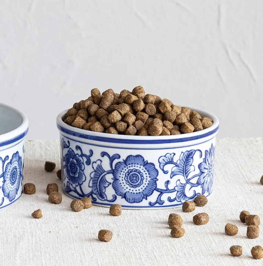 Blue and White Stoneware Pet Bowl