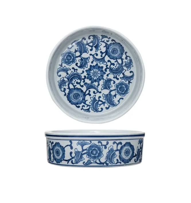 Blue and White Stoneware Pet Bowl