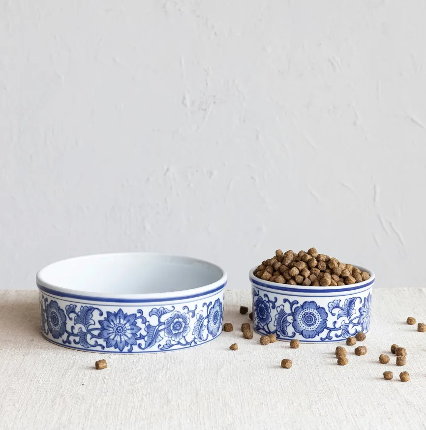 Blue and White Stoneware Pet Bowl