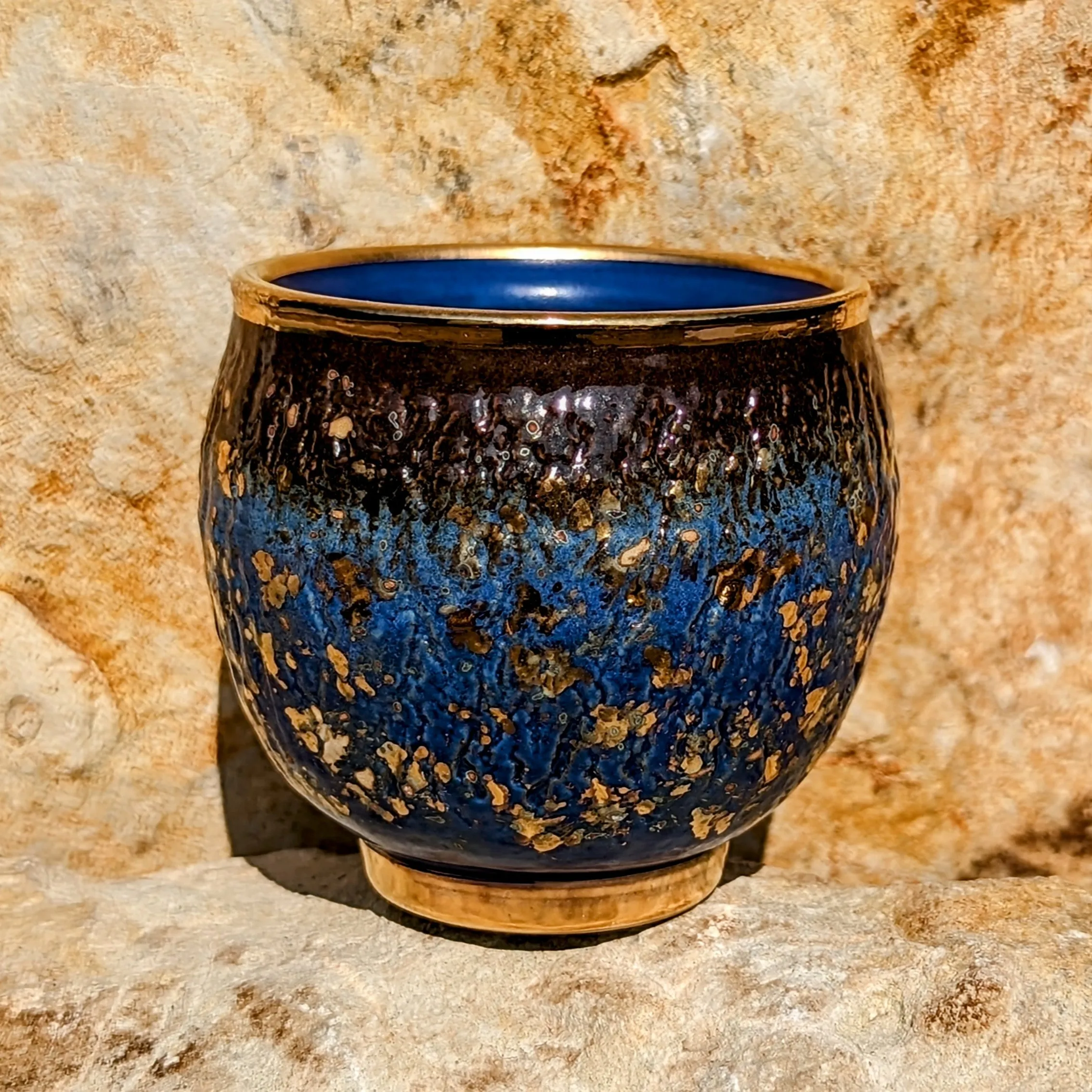 Blue Sky and Gold Flecks Sparkle and Swirl Tea Cup