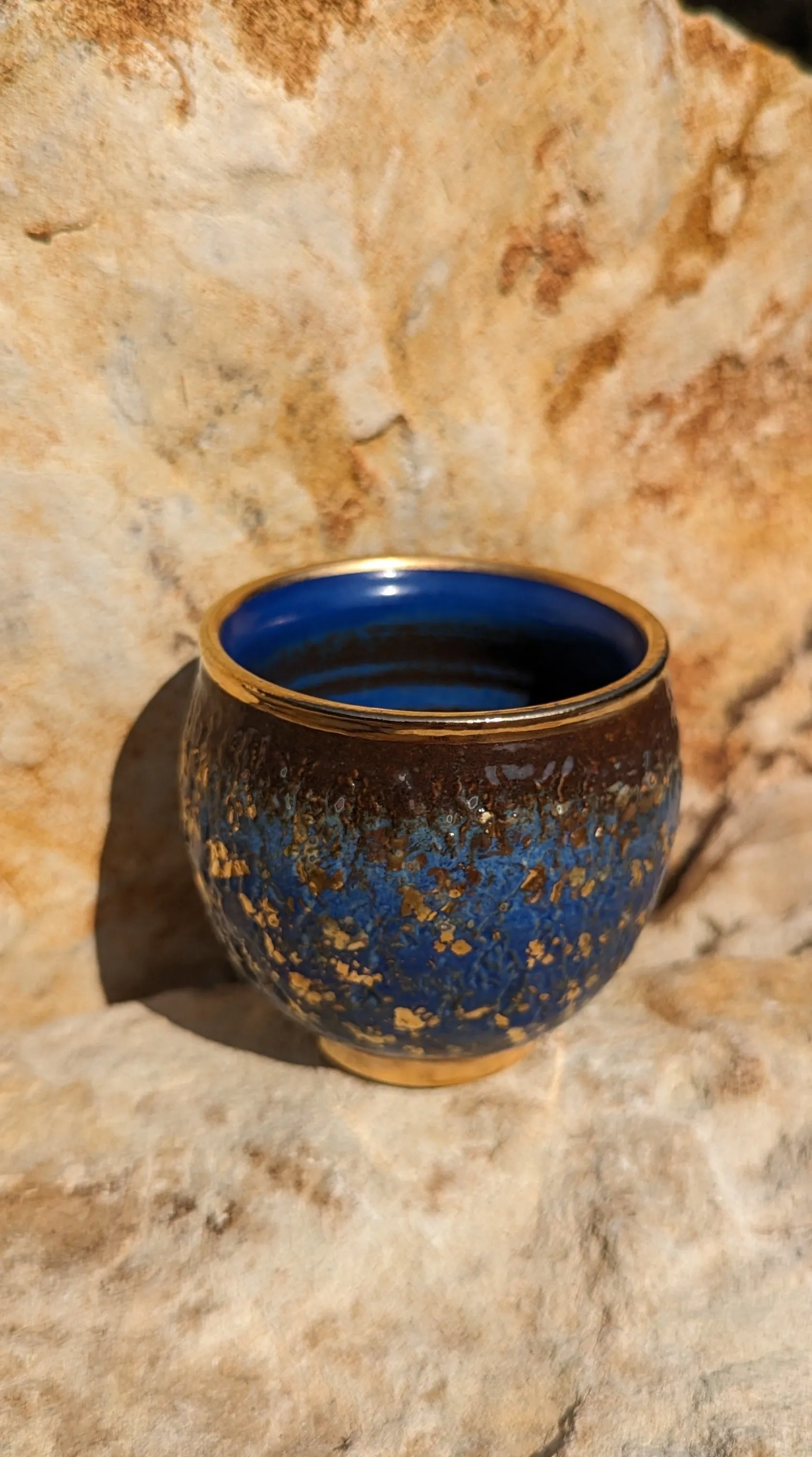 Blue Sky and Gold Flecks Sparkle and Swirl Tea Cup