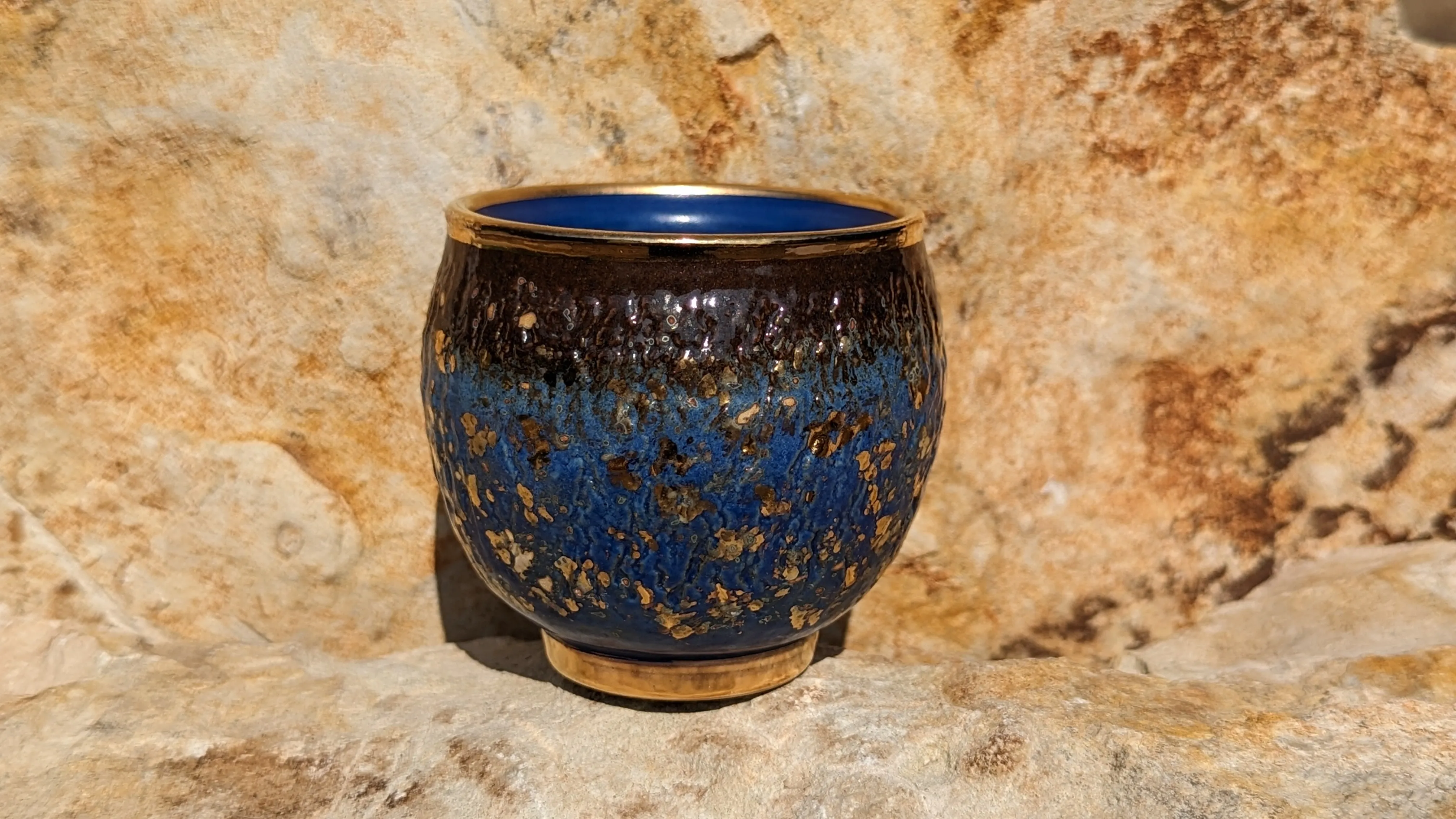 Blue Sky and Gold Flecks Sparkle and Swirl Tea Cup