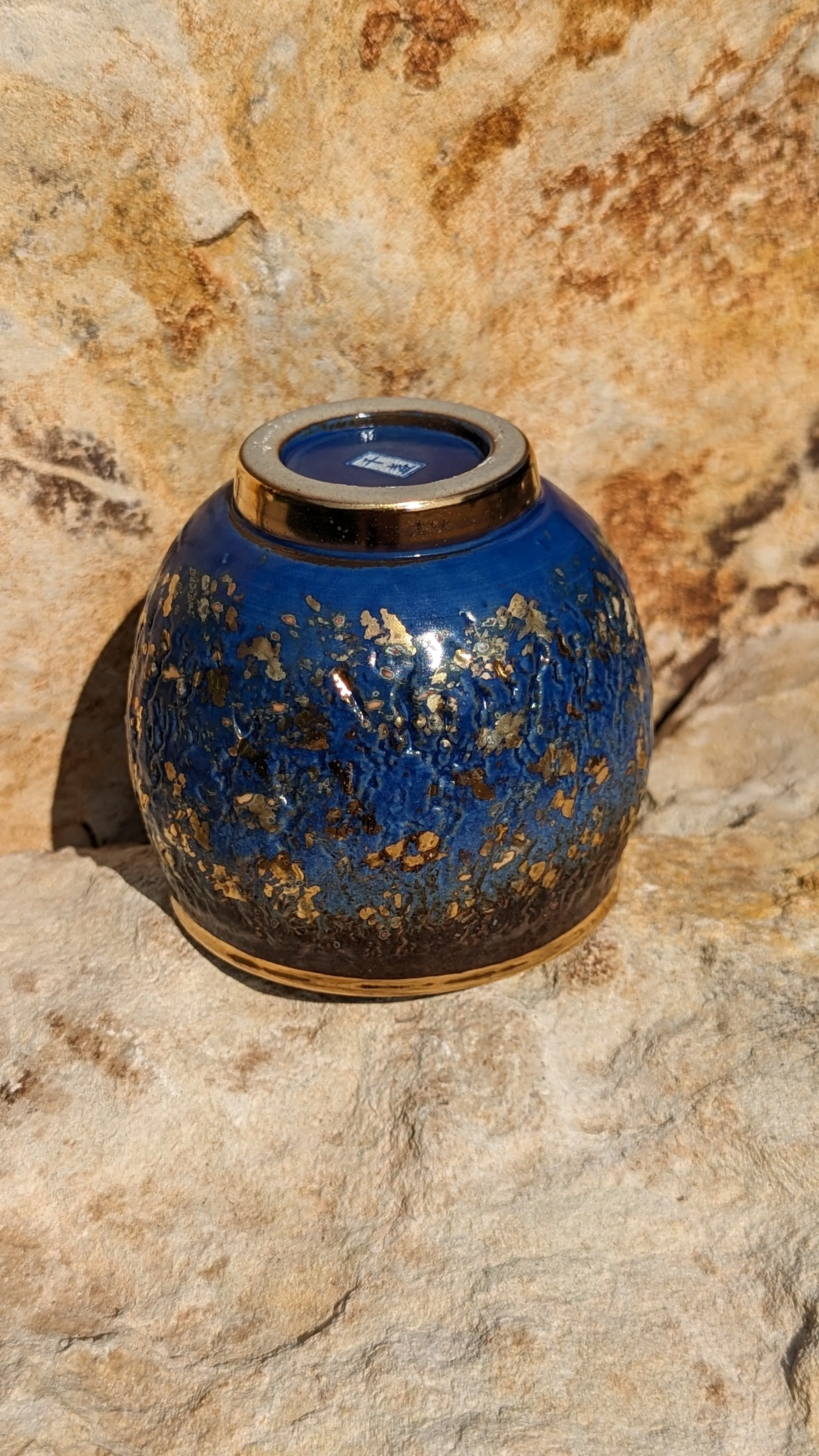 Blue Sky and Gold Flecks Sparkle and Swirl Tea Cup