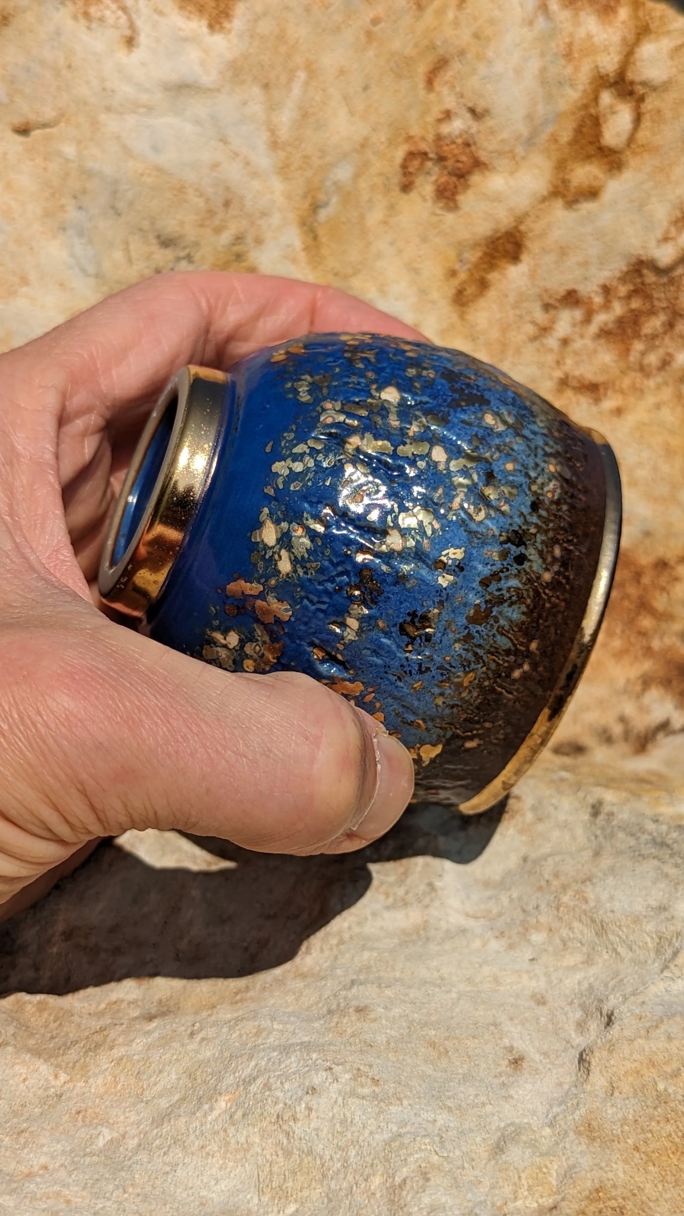 Blue Sky and Gold Flecks Sparkle and Swirl Tea Cup