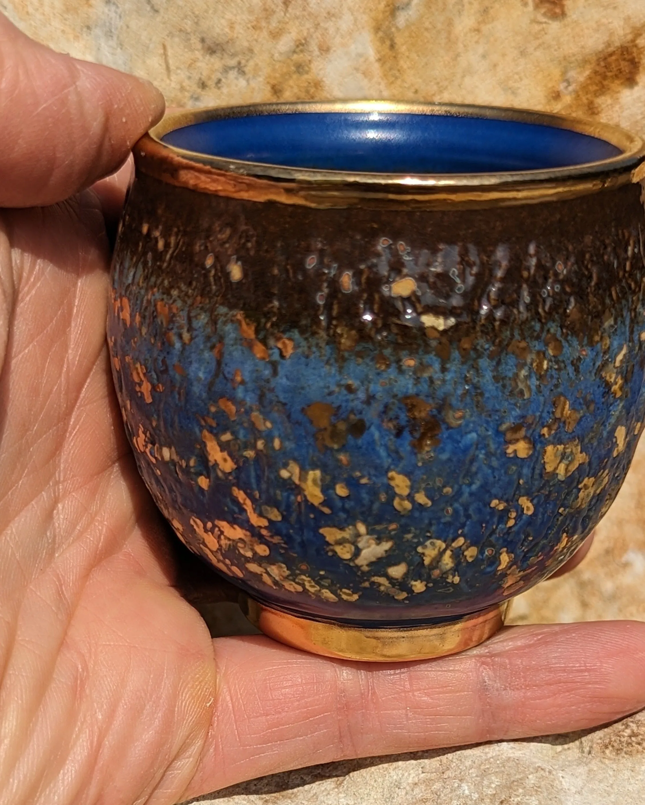 Blue Sky and Gold Flecks Sparkle and Swirl Tea Cup