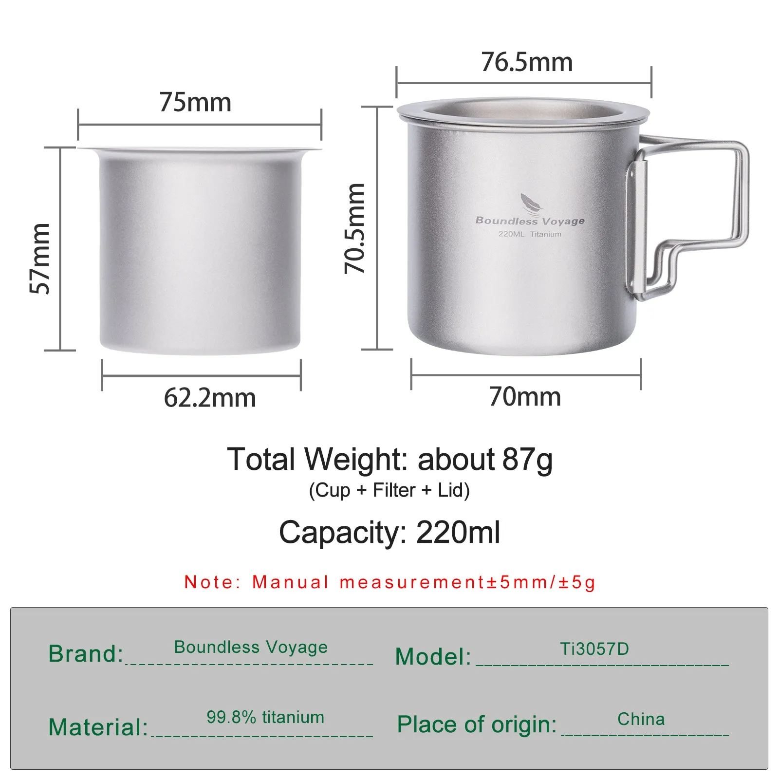 Boundless Voyage Titanium Mug with Tea Strainer 220ml Tea Coffee Cup Lightweight Outdoor Travel Portable Drinkware