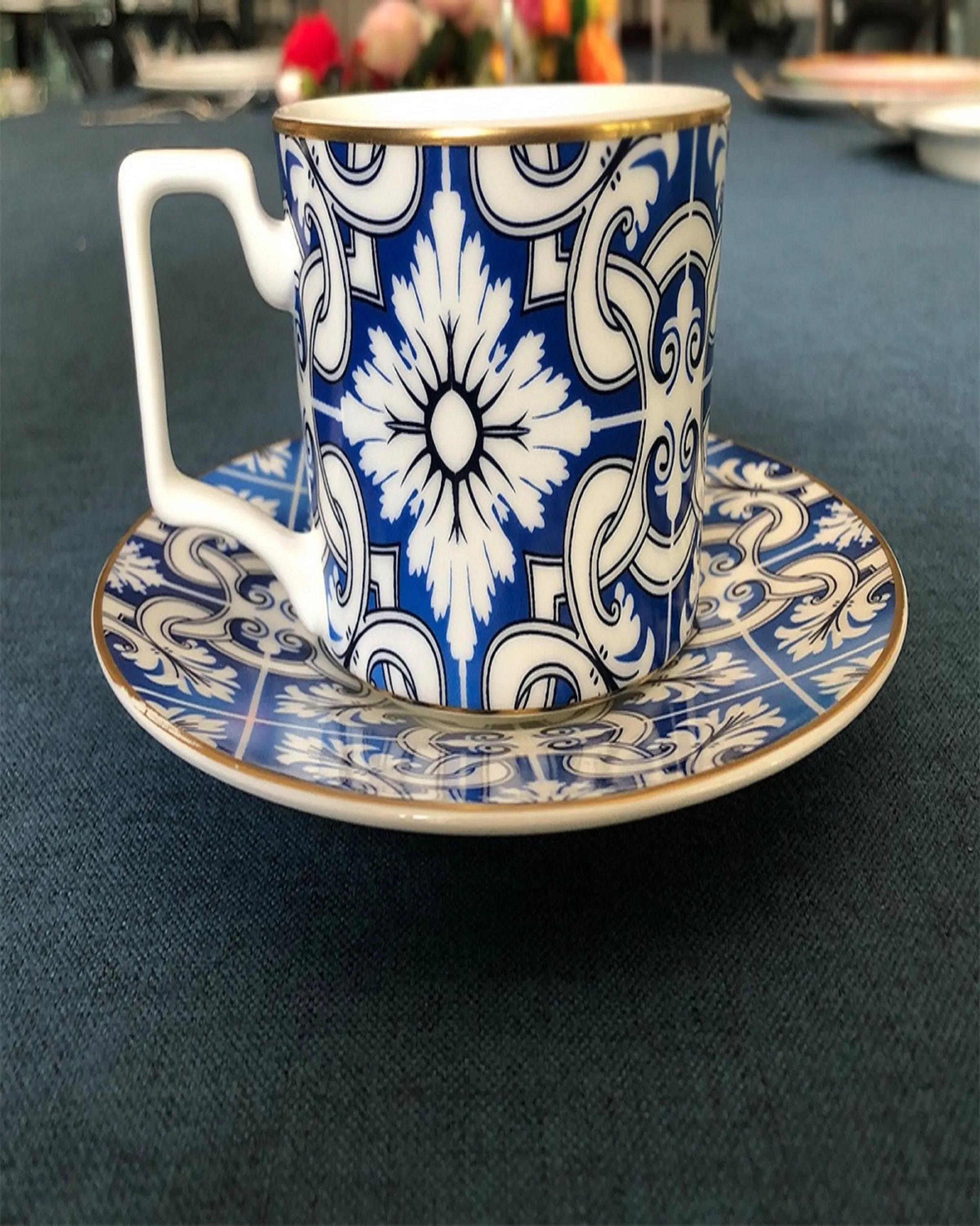 Bract Blue Printed Bone China Cups and Saucers Set