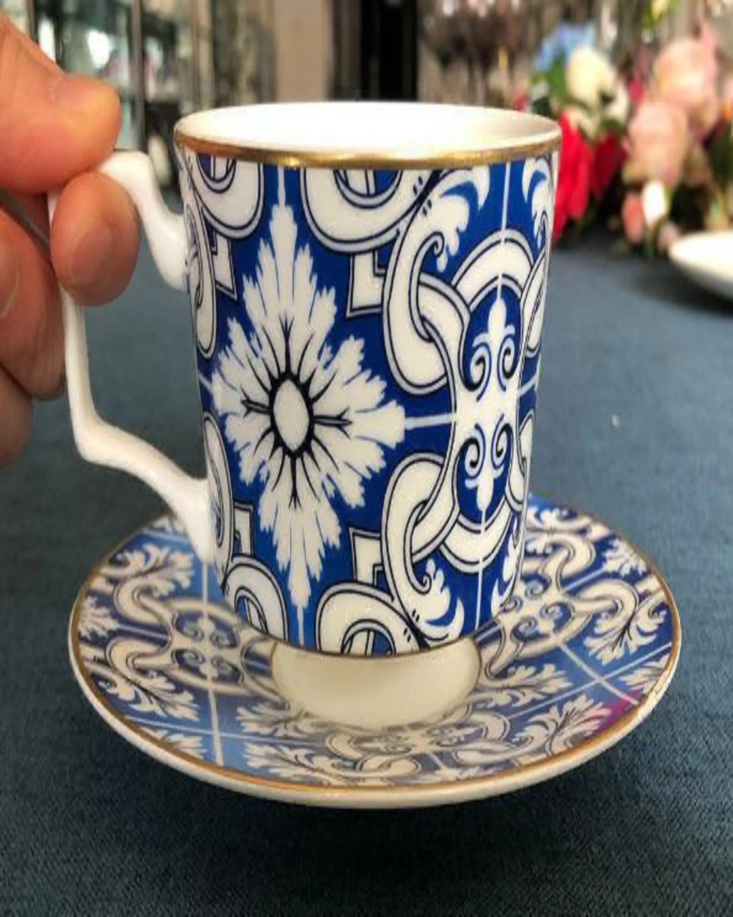 Bract Blue Printed Bone China Cups and Saucers Set