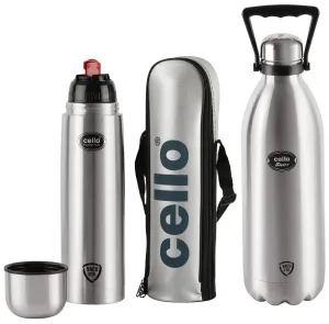 Cello Swift Stainless Steel Double Walled Flask, Hot and Cold, 1500ml, 1pc, Silver & Cello Flip Style Stainless Steel Bottle with Thermal Jacket (1000ml, Silver)