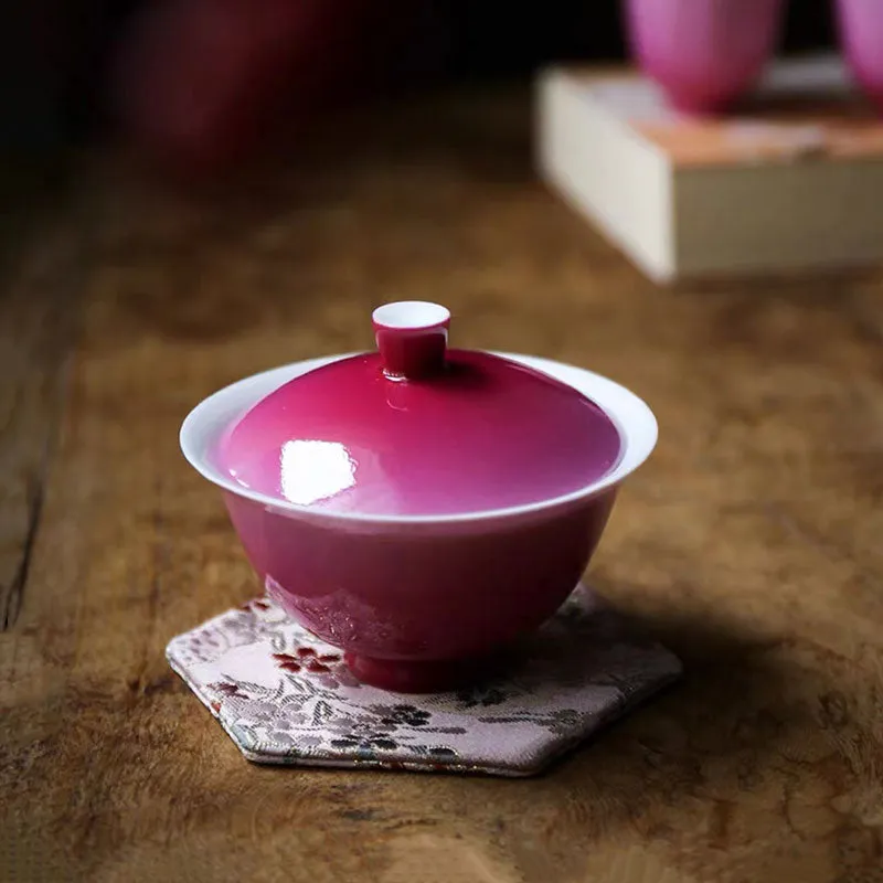 Chinese Jingdezhen Rose Carmine Gradient-effect Porcelain Tea Cup Set