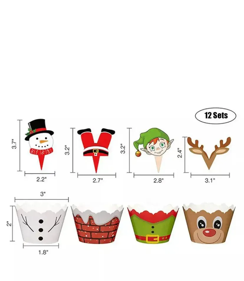 Christmas cup cake muffin wrappers with toppers 12 pc