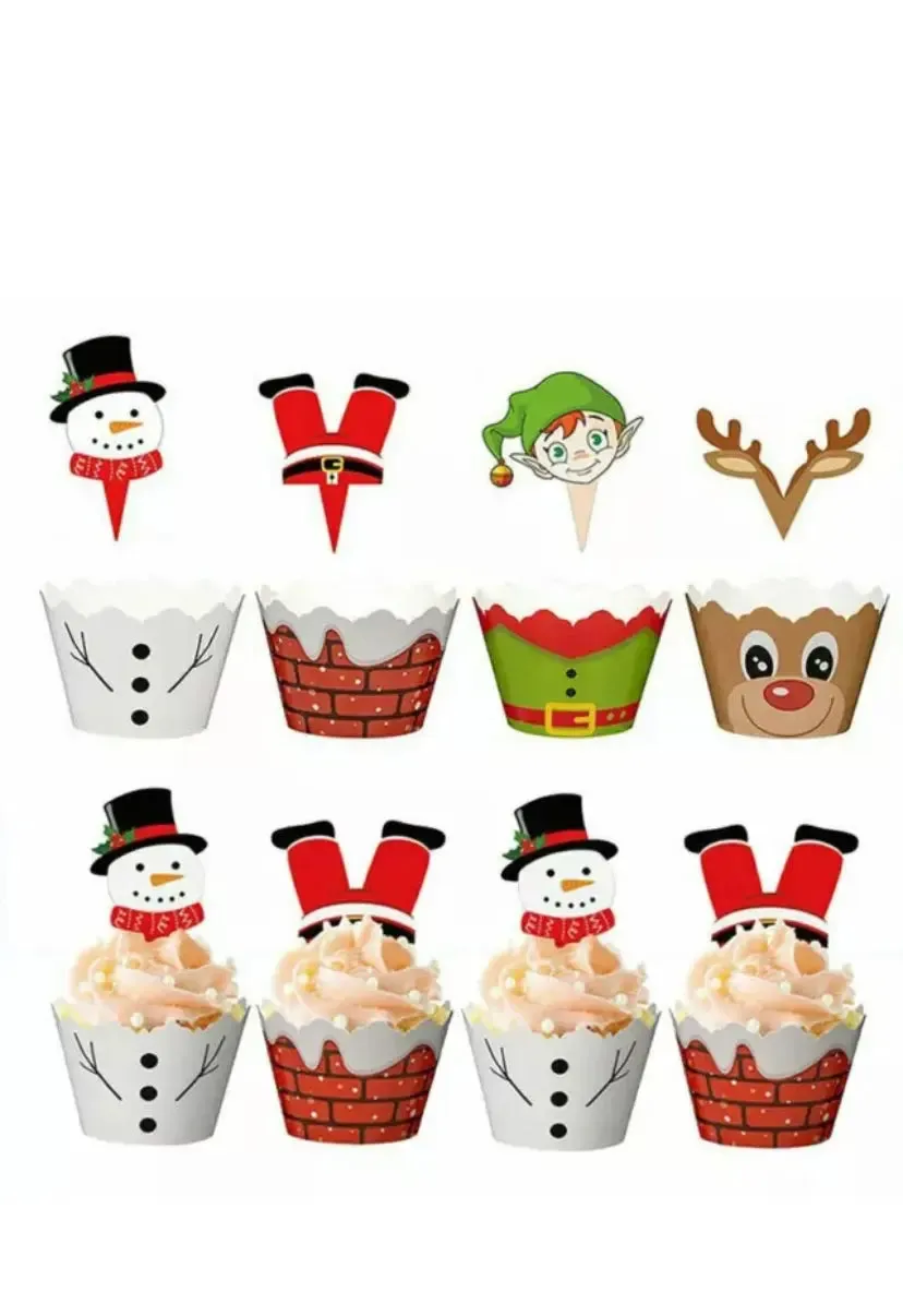 Christmas cup cake muffin wrappers with toppers 12 pc