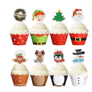 Christmas  cup cake muffin wrappers with toppers 24 pc