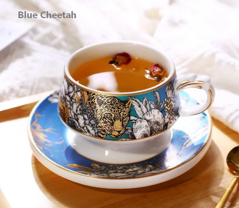 Creative Ceramic Tea Cups and Saucers, Jungle Tiger Cheetah Porcelain Coffee Cups, Unique Ceramic Cups with Gold Trim and Gift Box