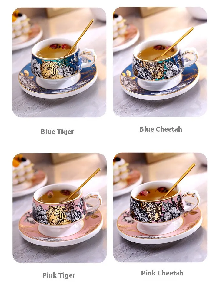 Creative Ceramic Tea Cups and Saucers, Jungle Tiger Cheetah Porcelain Coffee Cups, Unique Ceramic Cups with Gold Trim and Gift Box