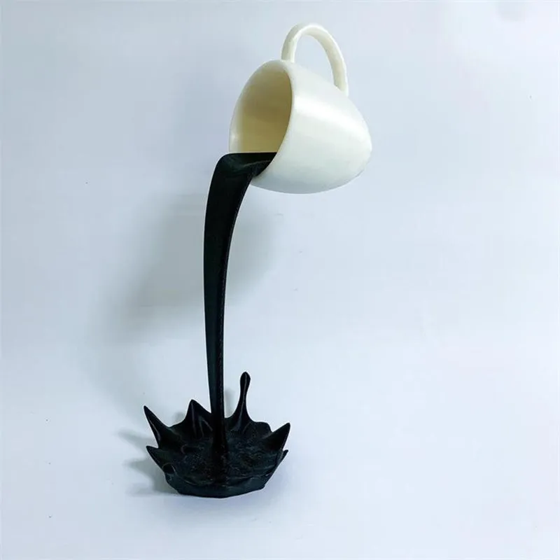 Floating 3D Standing Pouring Spilling Coffee Cup Resin Art Sculpture