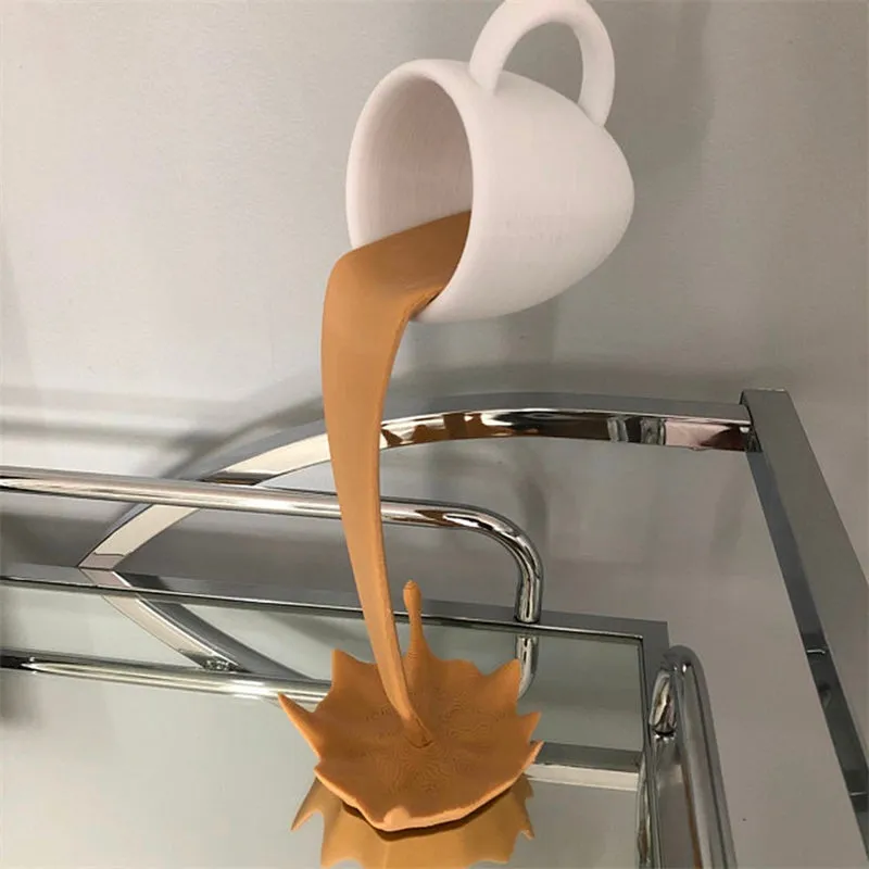 Floating 3D Standing Pouring Spilling Coffee Cup Resin Art Sculpture