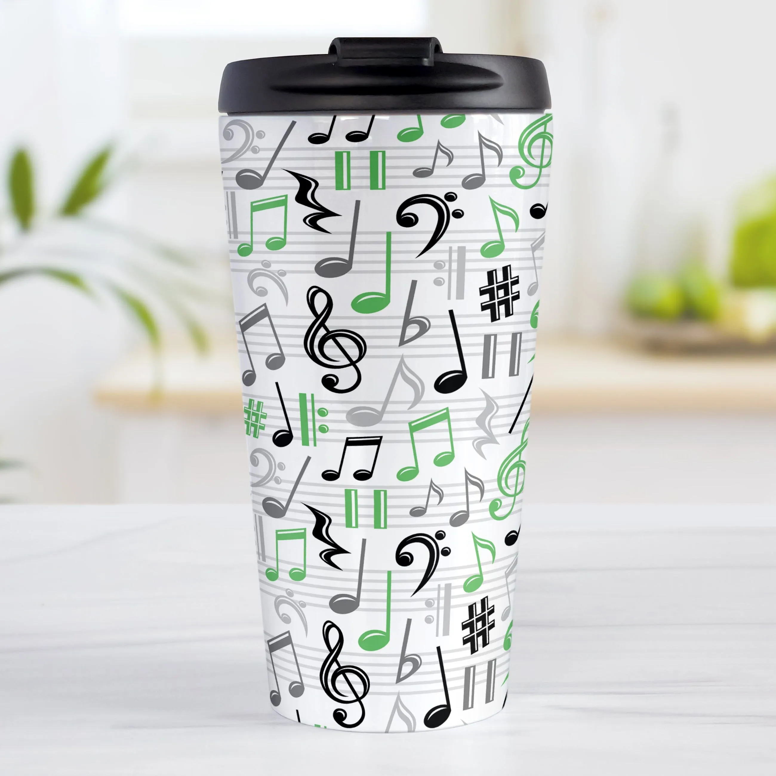 Green Music Notes Pattern Travel Mug