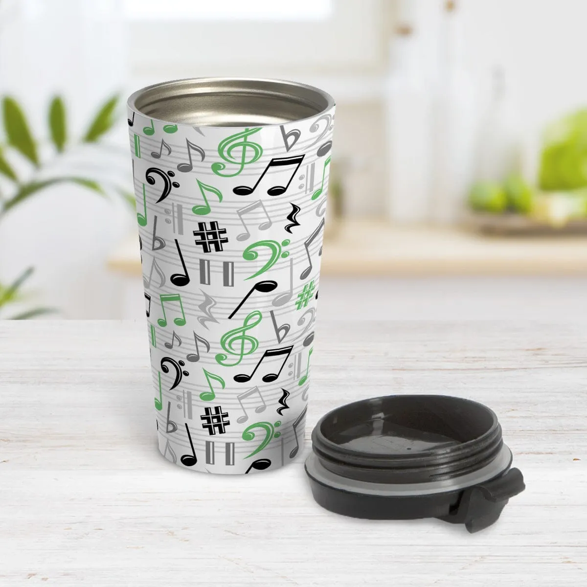 Green Music Notes Pattern Travel Mug