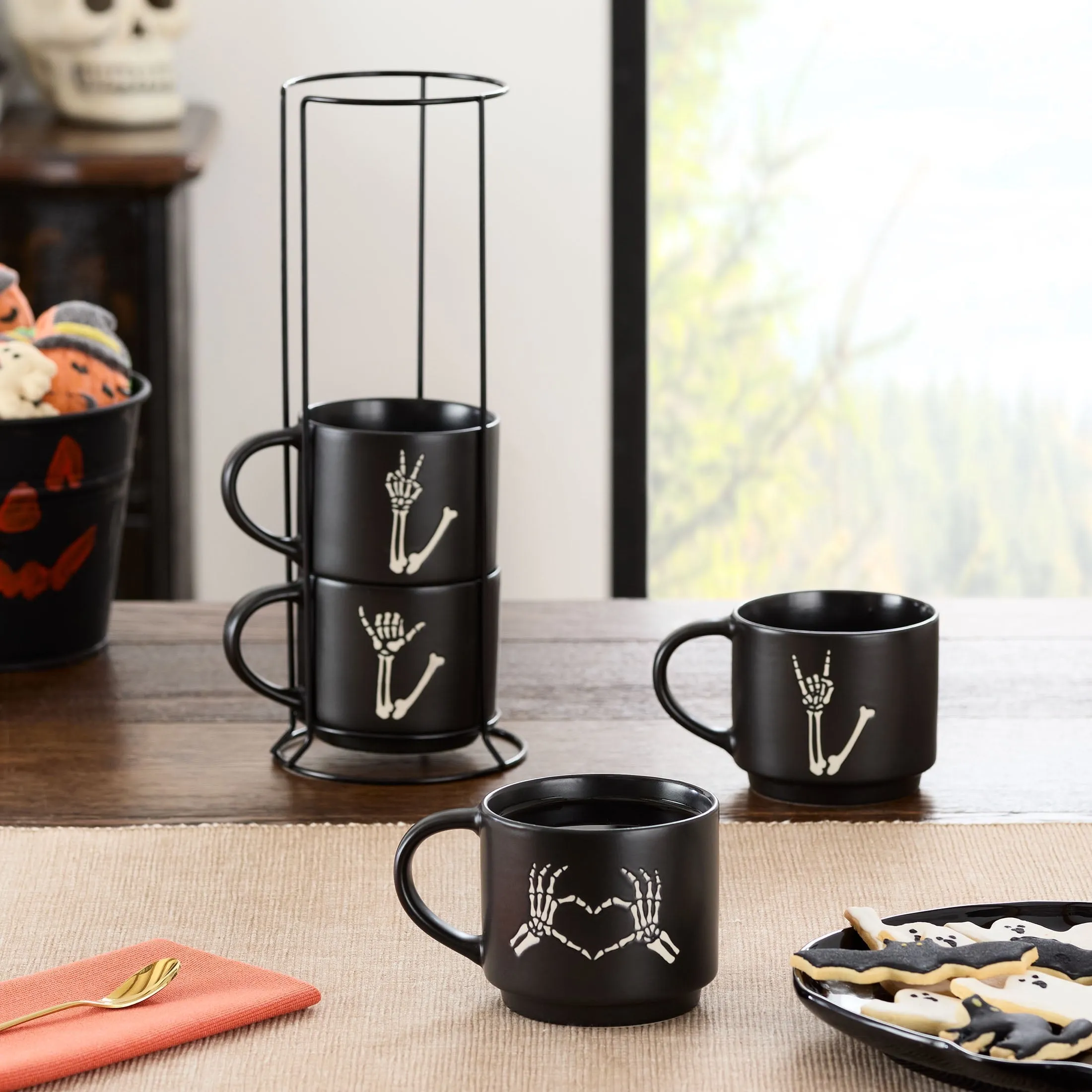 Halloween 12-Ounce Black Skeleton Hand Stoneware Stackable Mug Set with Iron Rack, by