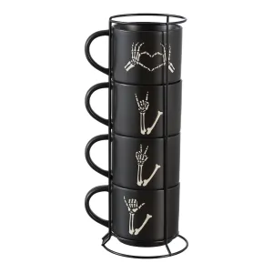 Halloween 12-Ounce Black Skeleton Hand Stoneware Stackable Mug Set with Iron Rack, by