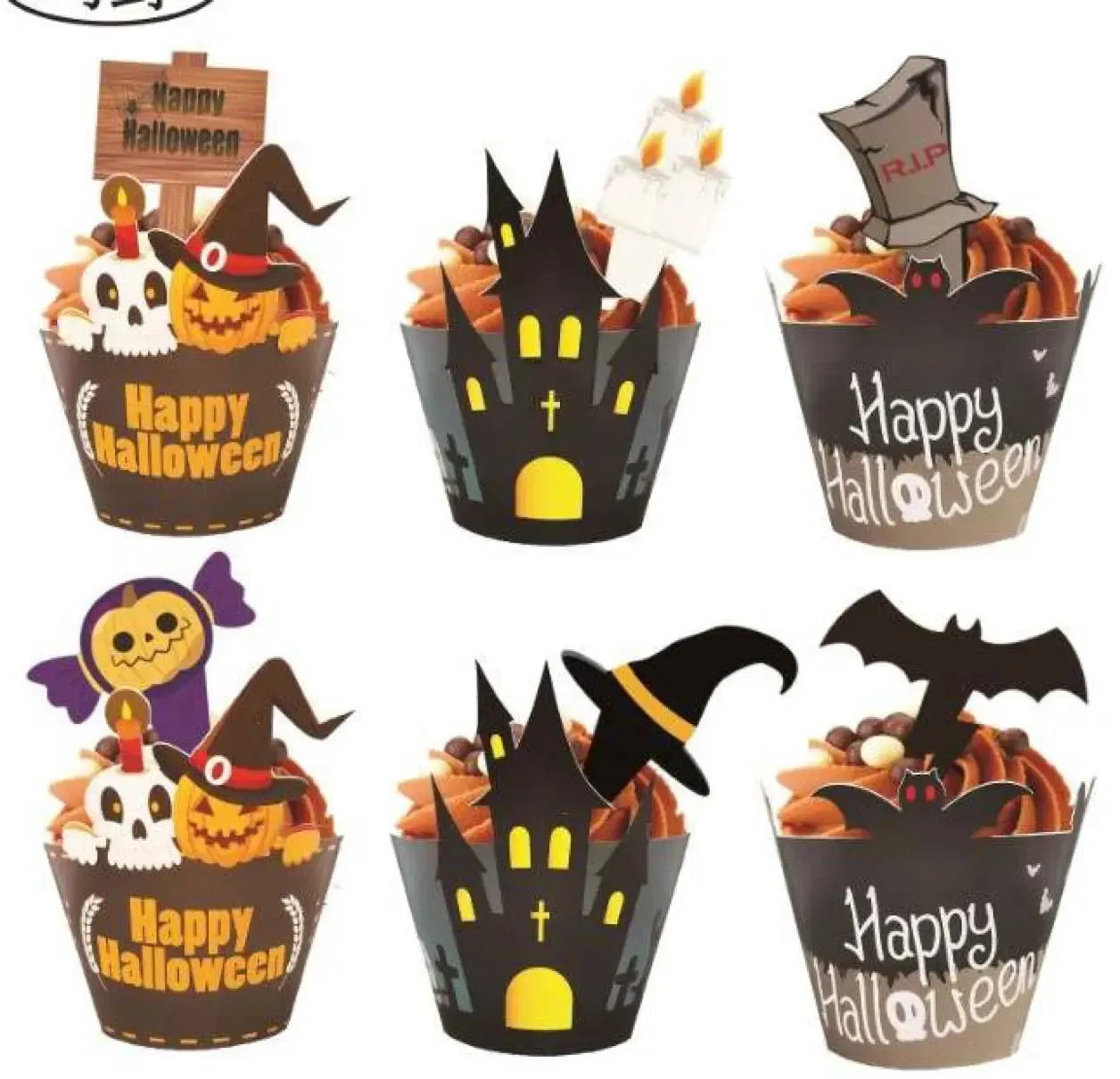 Halloween cup cake muffin wrappers with toppers 24 pc