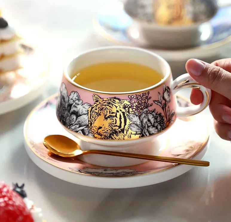 Handmade Ceramic Cups with Gold Trim and Gift Box, Jungle Tiger Cheetah Porcelain Coffee Cups, Creative Ceramic Tea Cups and Saucers