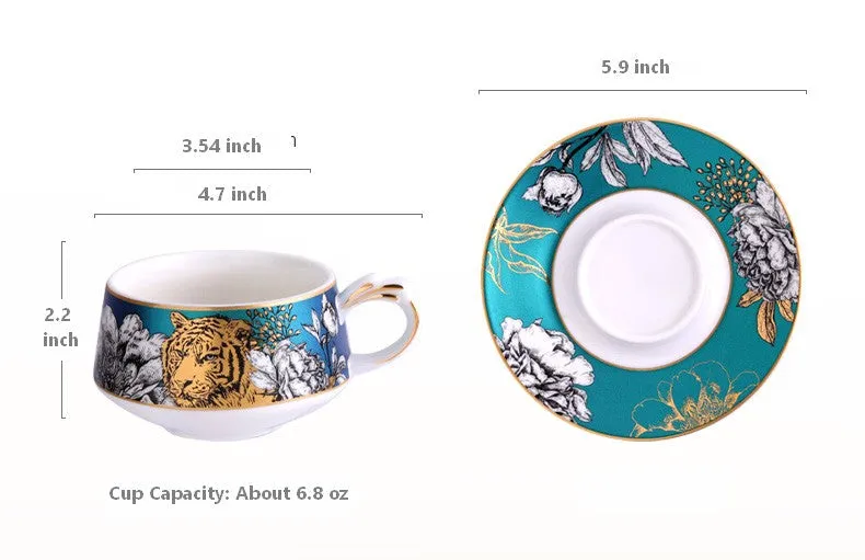 Handmade Ceramic Cups with Gold Trim and Gift Box, Jungle Tiger Cheetah Porcelain Coffee Cups, Creative Ceramic Tea Cups and Saucers