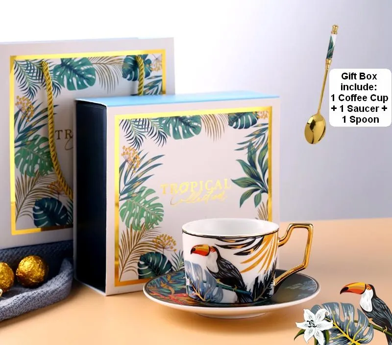 Handmade Coffee Cups with Gold Trim and Gift Box, Tea Cups and Saucers, Jungle Tiger Porcelain Coffee Cups