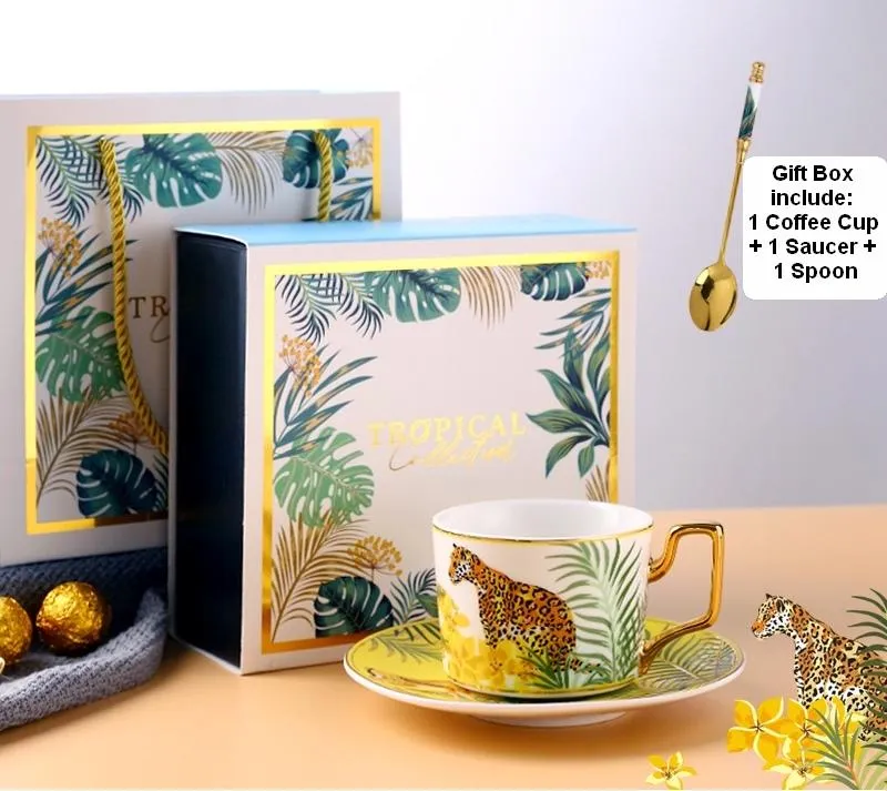 Handmade Coffee Cups with Gold Trim and Gift Box, Tea Cups and Saucers, Jungle Tiger Porcelain Coffee Cups