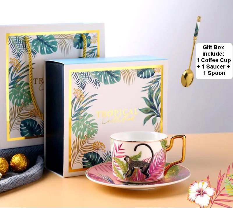 Handmade Coffee Cups with Gold Trim and Gift Box, Tea Cups and Saucers, Jungle Tiger Porcelain Coffee Cups