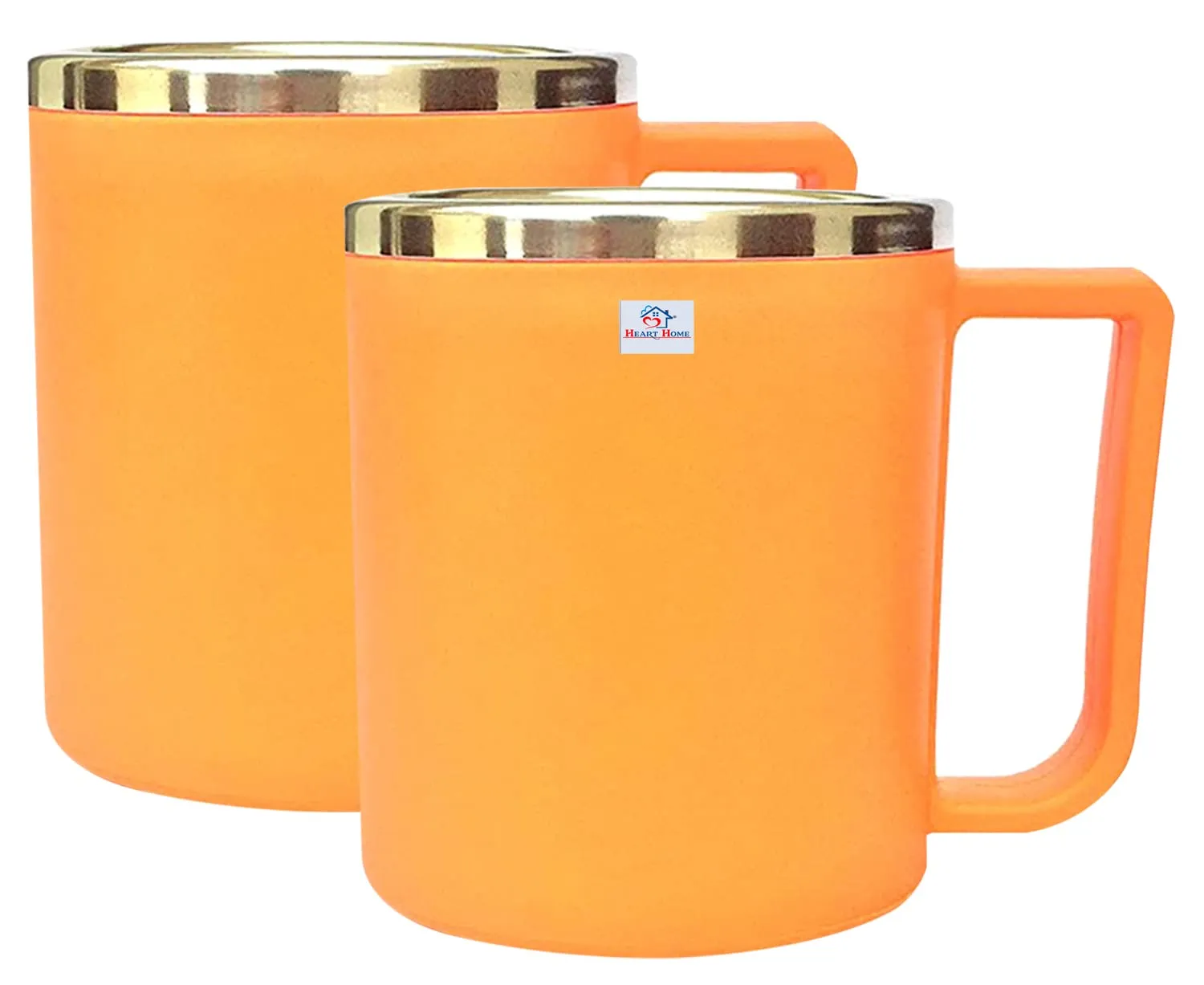 Heart Home Medium Size Plastic Steel Cups for Coffee Tea Cocoa, Camping Mugs with Handle, Portable & Easy Clean, Set of 2 (Orange) (HS39HEARTH022623)