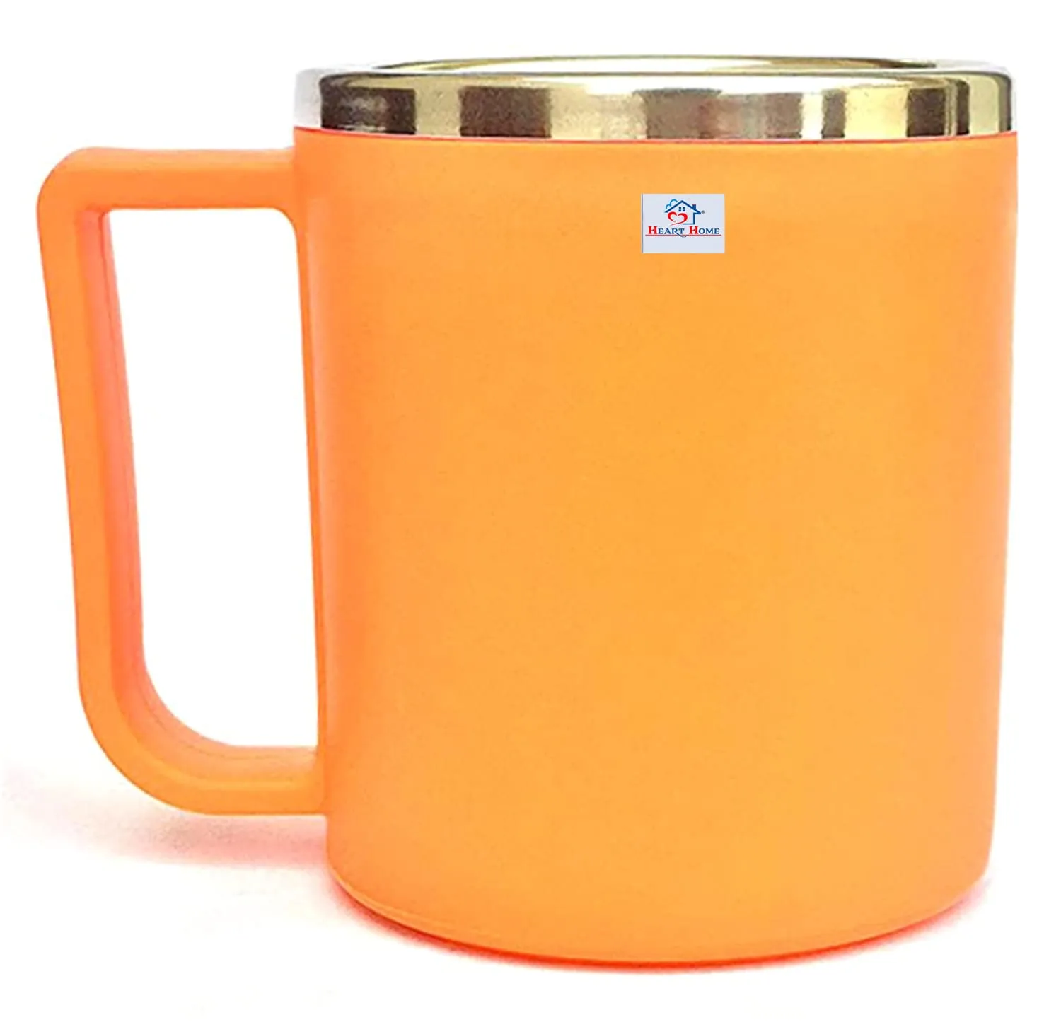 Heart Home Medium Size Plastic Steel Cups for Coffee Tea Cocoa, Camping Mugs with Handle, Portable & Easy Clean, Set of 2 (Orange) (HS39HEARTH022623)