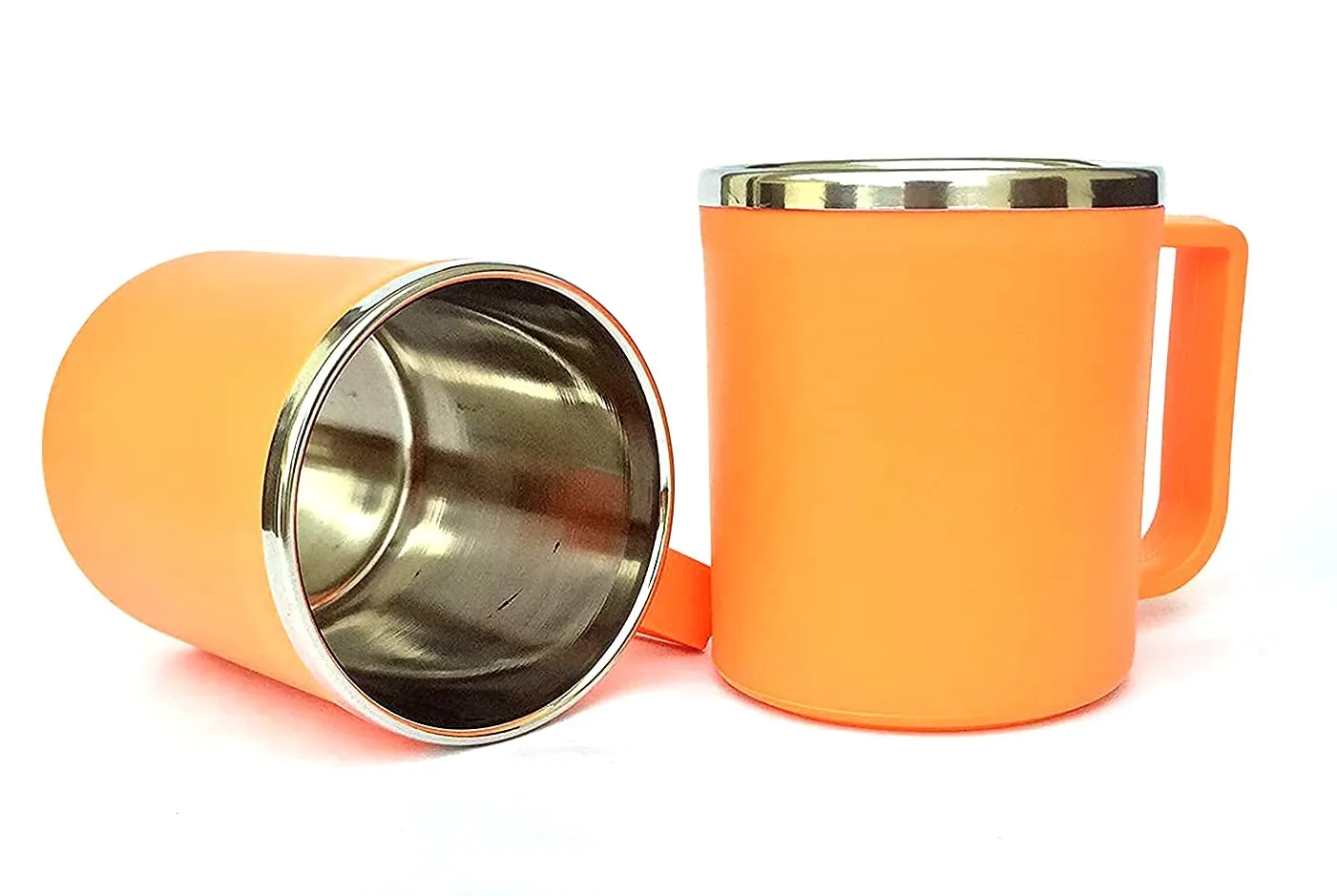 Heart Home Medium Size Plastic Steel Cups for Coffee Tea Cocoa, Camping Mugs with Handle, Portable & Easy Clean, Set of 2 (Orange) (HS39HEARTH022623)