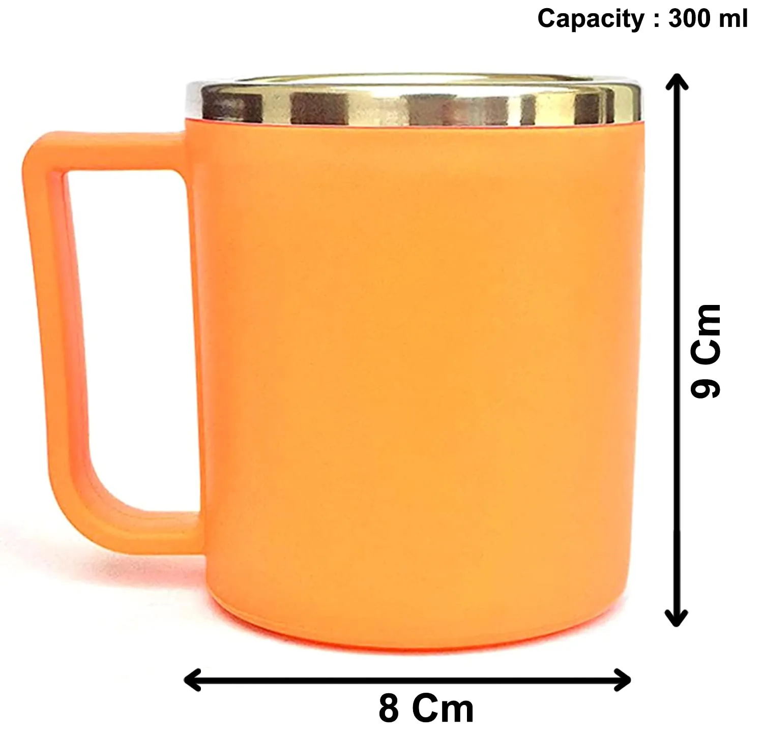 Heart Home Medium Size Plastic Steel Cups for Coffee Tea Cocoa, Camping Mugs with Handle, Portable & Easy Clean, Set of 2 (Orange) (HS39HEARTH022623)