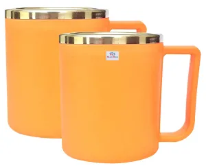 Heart Home Medium Size Plastic Steel Cups for Coffee Tea Cocoa, Camping Mugs with Handle, Portable & Easy Clean, Set of 2 (Orange) (HS39HEARTH022623)