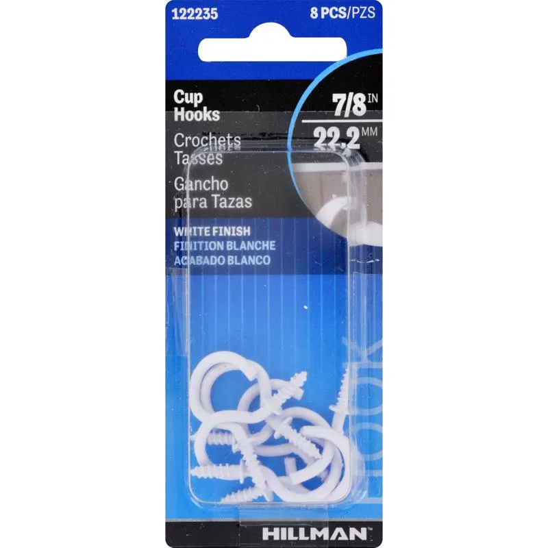 HILLMAN Small White Metal 7/8 in. L Cup Hook 1 lb 8 pk