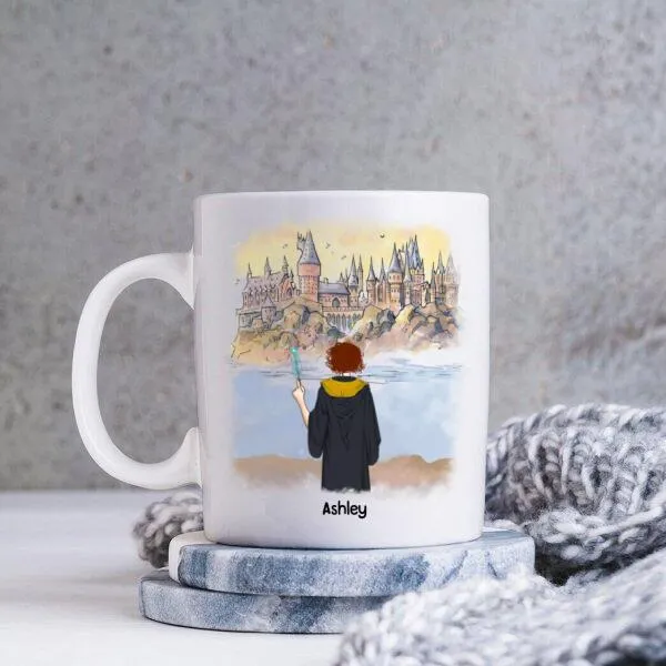 HP Hogwarts Girl Back To School Personalized Coffee Mug - Skin, Hair, Robe, Name, Background and Quote can be customized